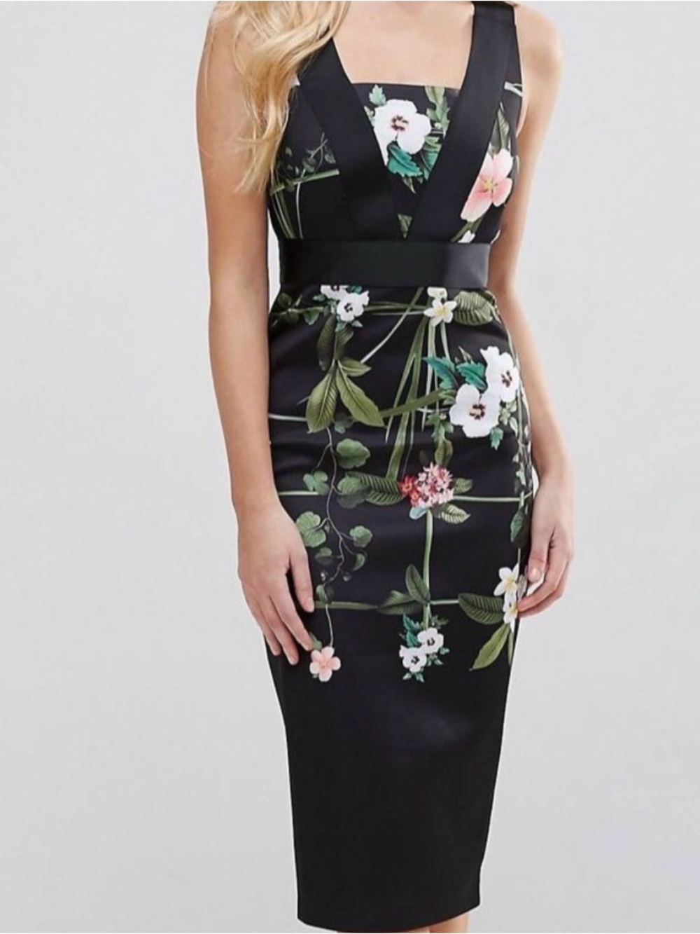 Ted Baker London Black Floral Midi Dress with Green Leaf Motif